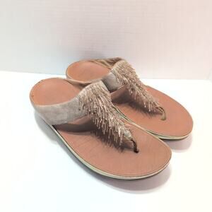 FitFlop Cha Cha Beaded Tassle Thong Sandle Wobbleboard Camel RoseGold Women's 10